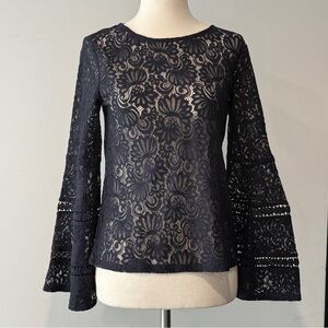 LOFT Navy Lace Bell Sleeve Top Women's XS Petite Boho Whimsigoth